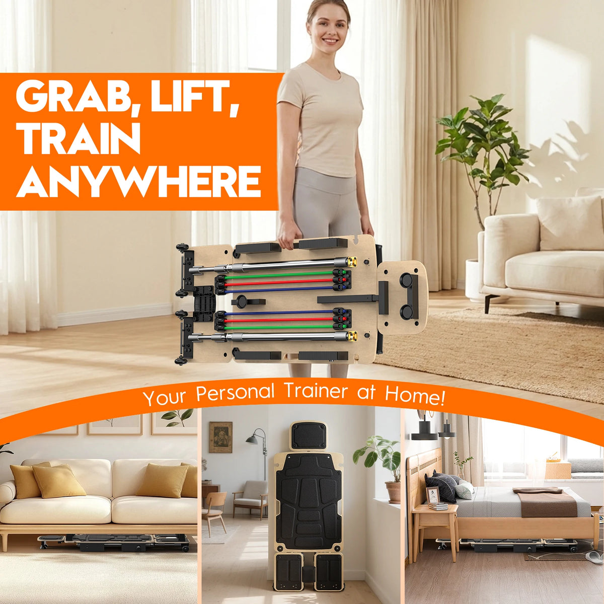 5-in-1 Pilates Reformer Board With Dual Foot Pads Smooth Rail