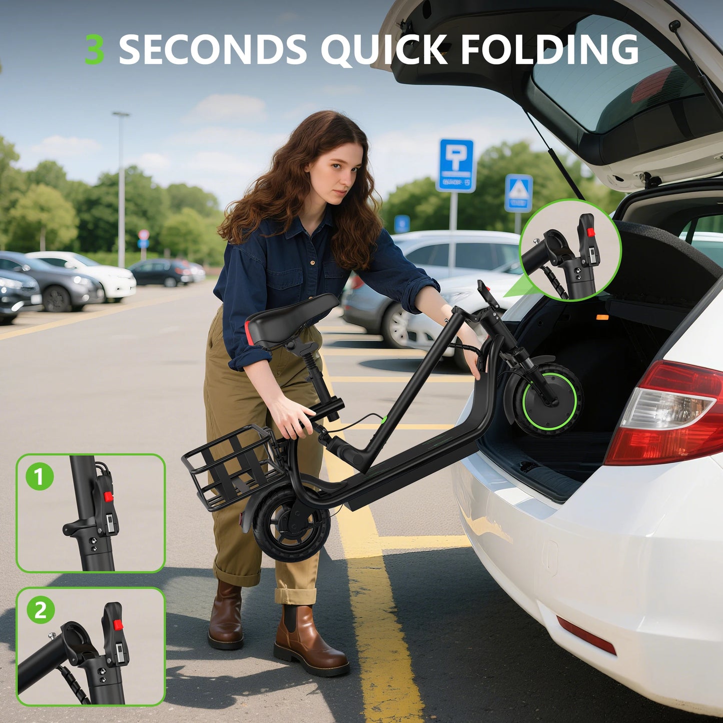 MAXSHOT Electric Scooter With Seat And Basket Foldable Design