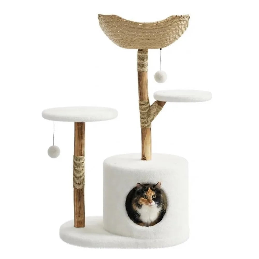 Wooden Cat Tree Tower with Rattan Perches and Climbing Platforms