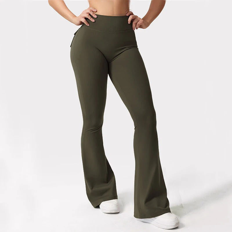 Women's Yoga Flare Trousers High Waisted Wide Leg Leggings With Pockets