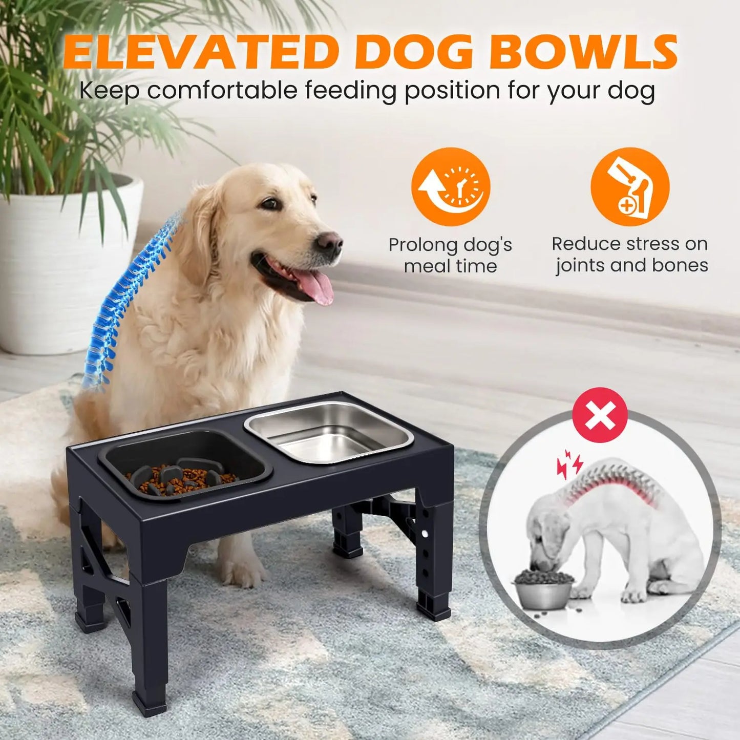 Elevated Slow Feeder Dog Bowls With Foldable Stand Non Slip Stainless Steel