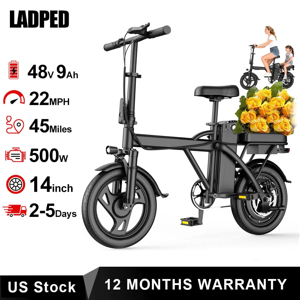Ladped Foldable Electric Bike 500W 48V Battery Two Seats