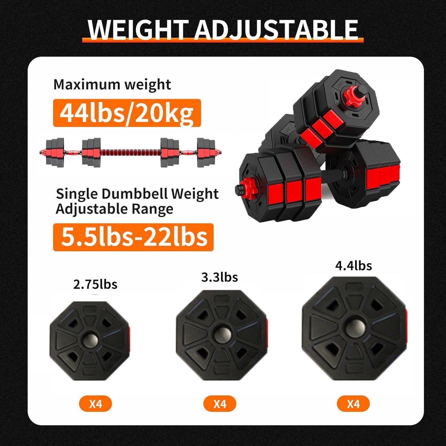 Adjustable Dumbbell To Barbell Fitness Set 44 Lb Anti Slip Grip 3 In 1