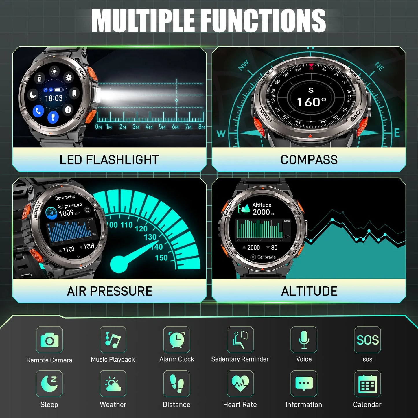 EIGIIS KE5 Smartwatch With Compass 3ATM Barometer LED Flashlight Waterproof