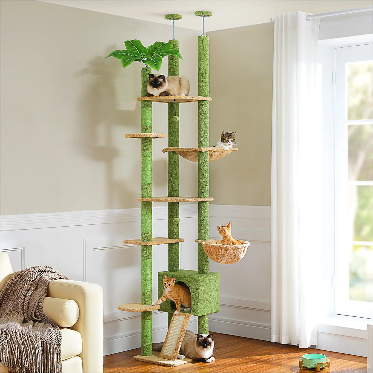 PAWZ Road Adjustable Wooden Cat Tree With Hammock Sisal Posts