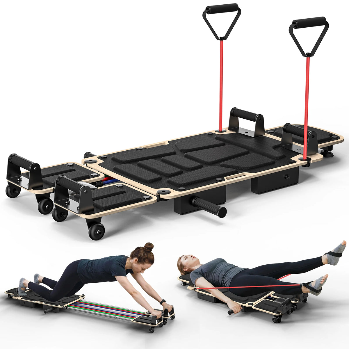 5-in-1 Pilates Reformer Board With Dual Foot Pads Smooth Rail