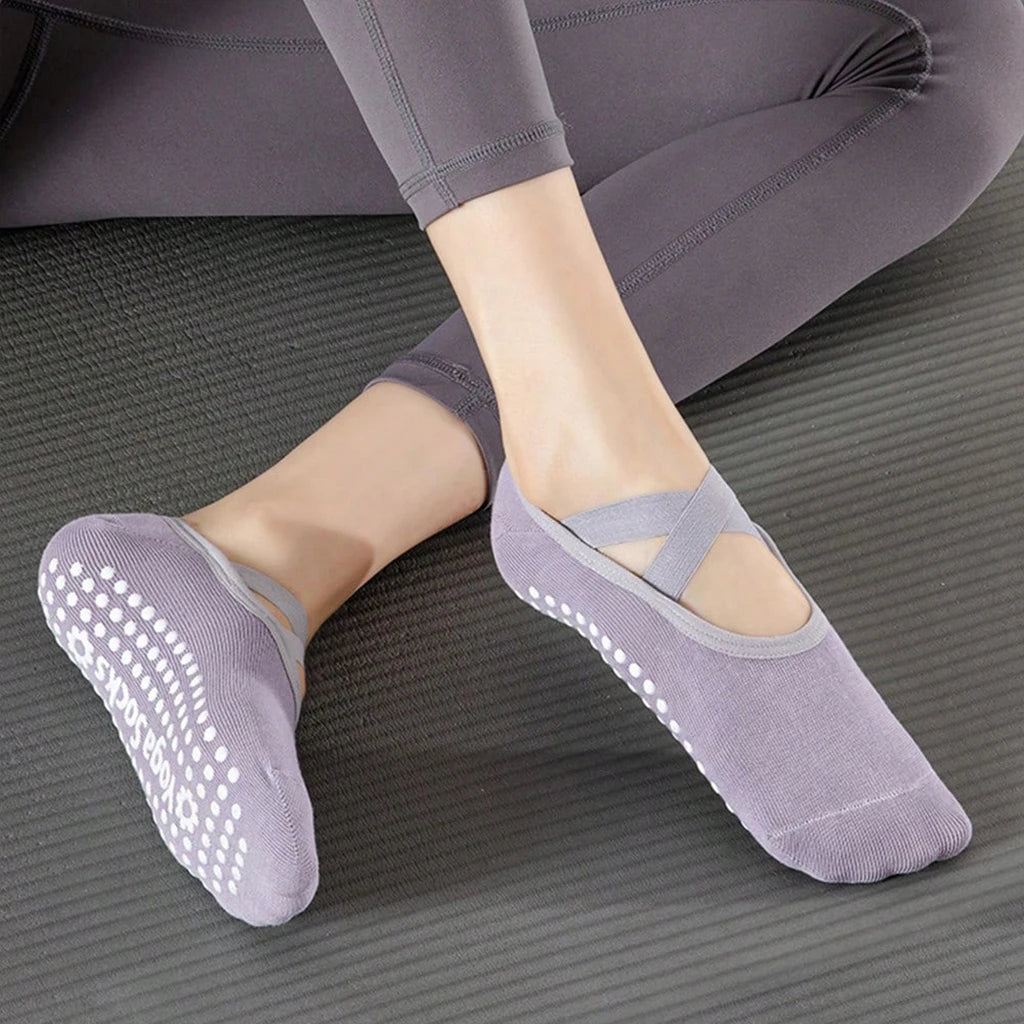 Women's Non Slip Yoga Socks With Cross Strap Grip Pilates Pair Set