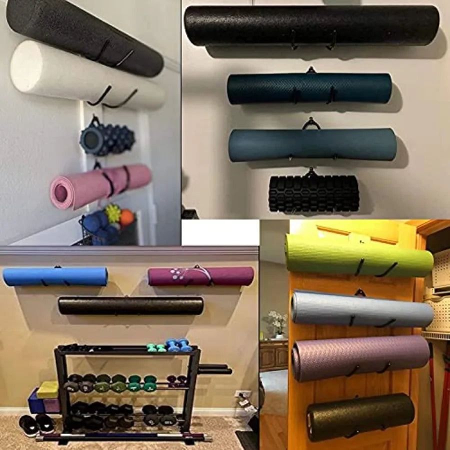 Wall Mount Yoga Mat Foam Roller Storage Rack With Hooks