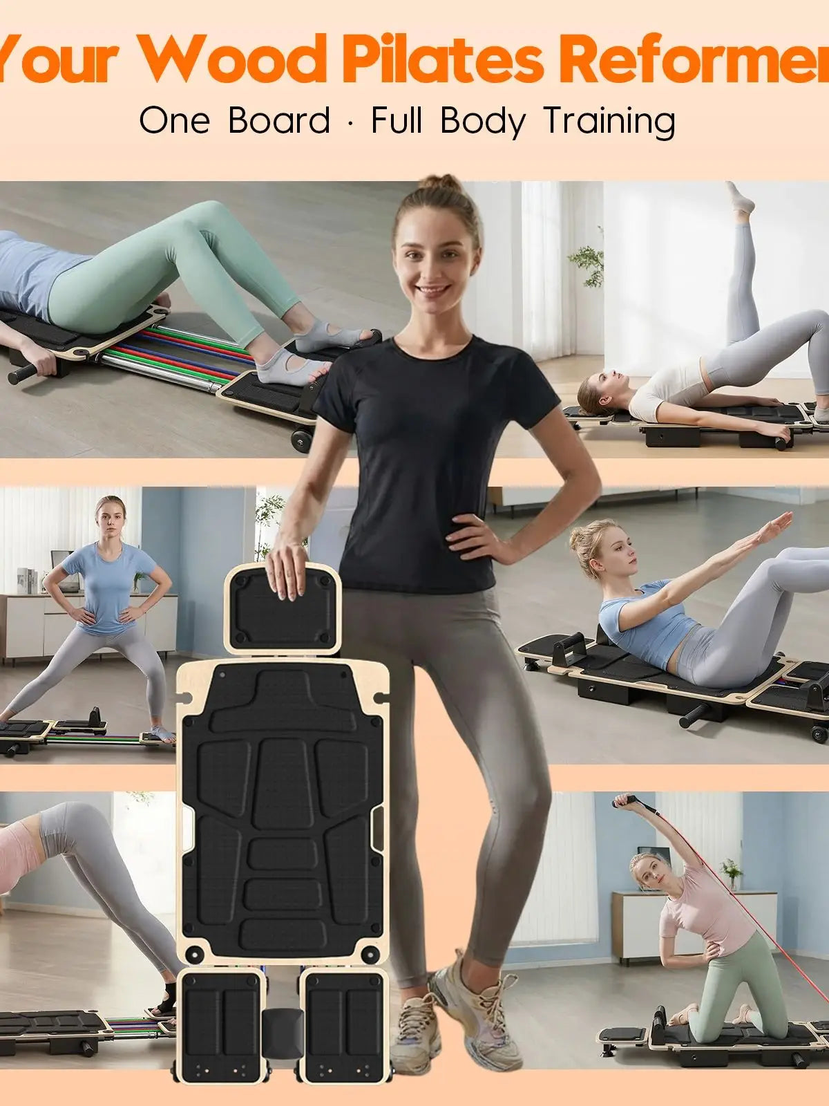 5-in-1 Pilates Reformer Board With Dual Foot Pads Smooth Rail
