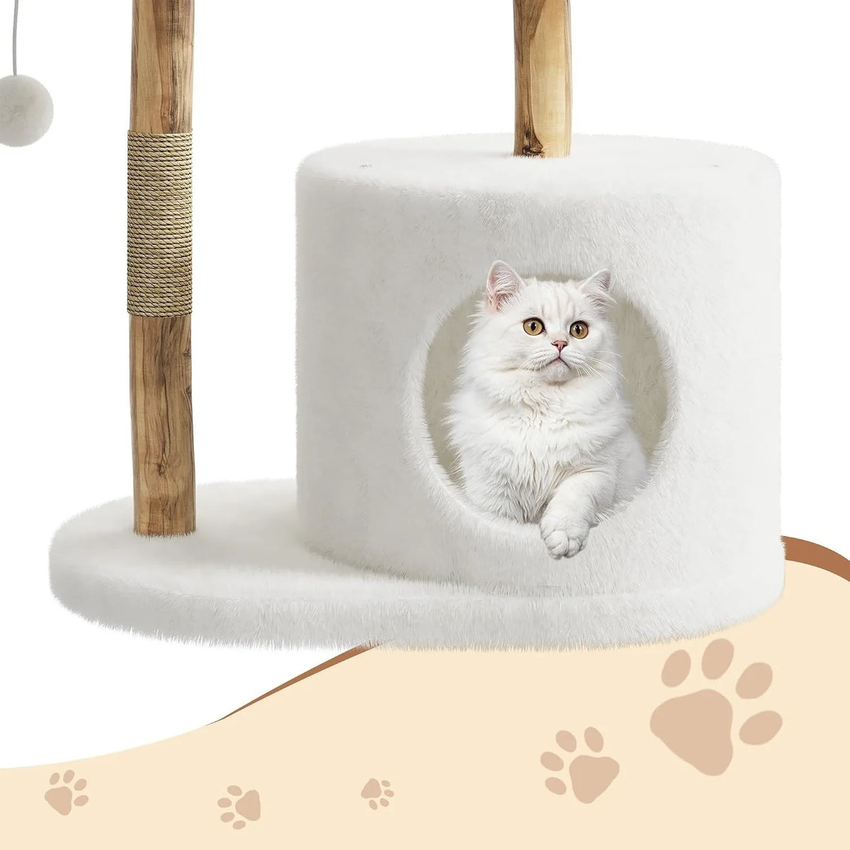 Wooden Cat Tree Tower with Rattan Perches and Climbing Platforms