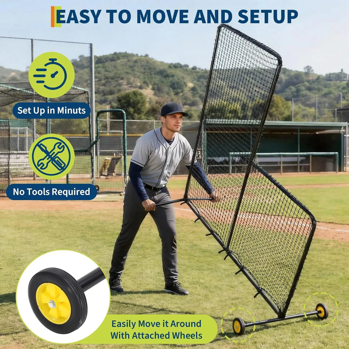 Tacleekii Baseball Pitching L Screen with Wheels for Batting Practice