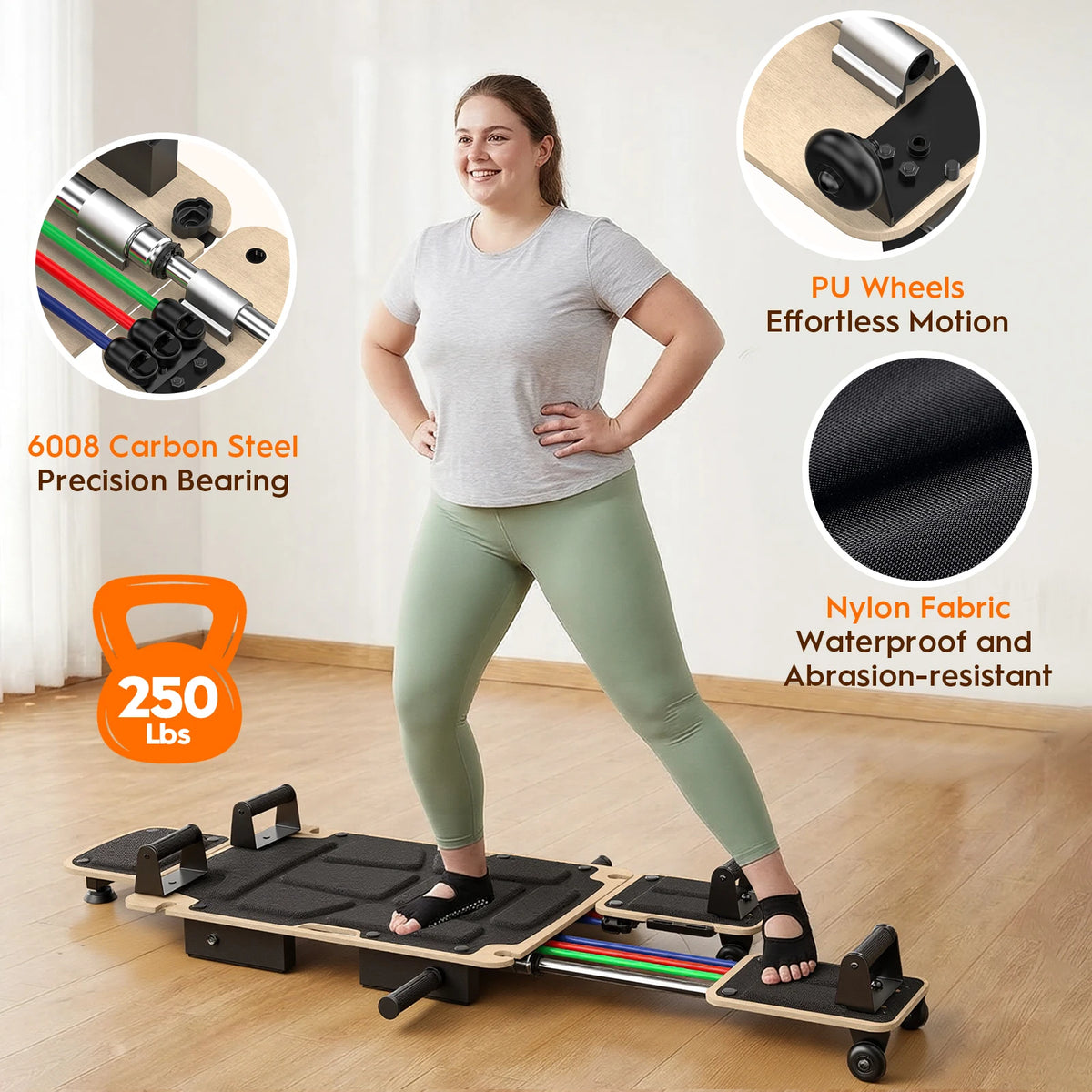 5-in-1 Pilates Reformer Board With Dual Foot Pads Smooth Rail