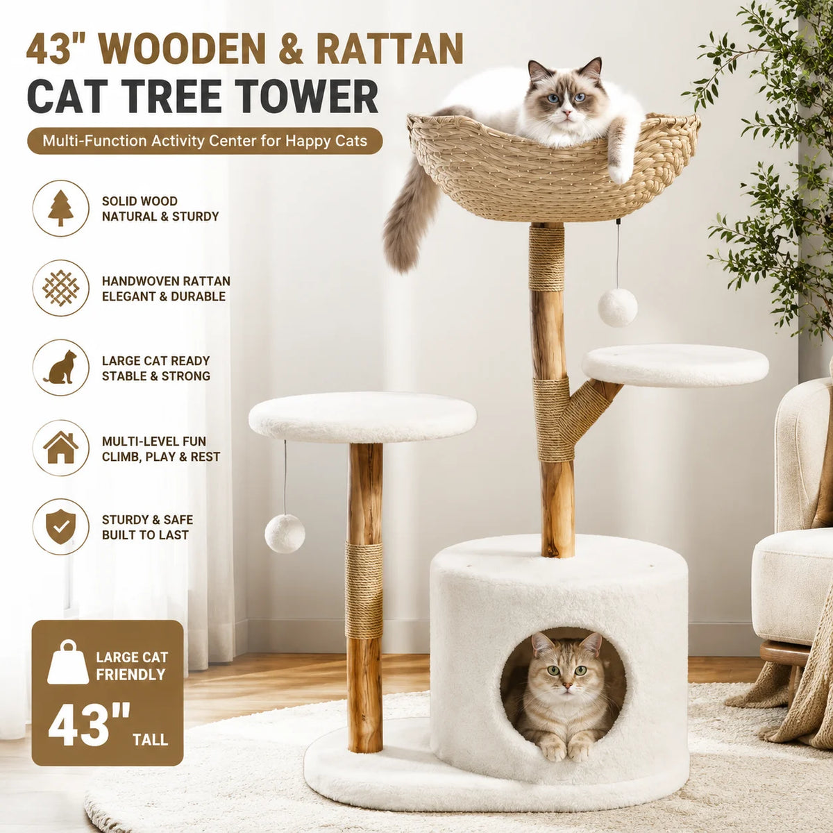 Wooden Cat Tree Tower with Rattan Perches and Climbing Platforms