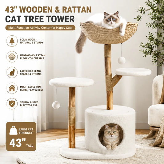 Wooden Cat Tree Tower with Rattan Perches and Climbing Platforms