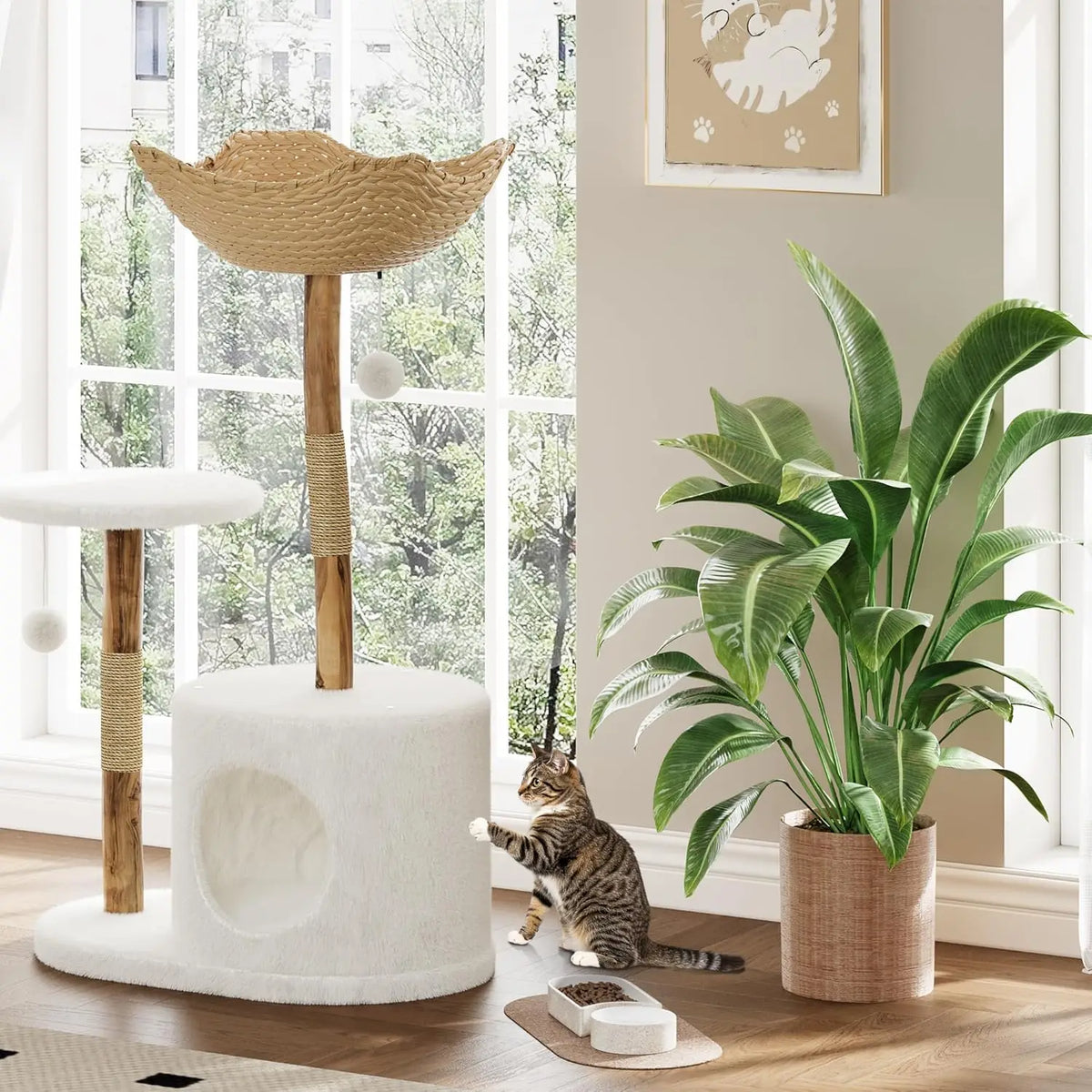 Wooden Cat Tree Tower with Rattan Perches and Climbing Platforms