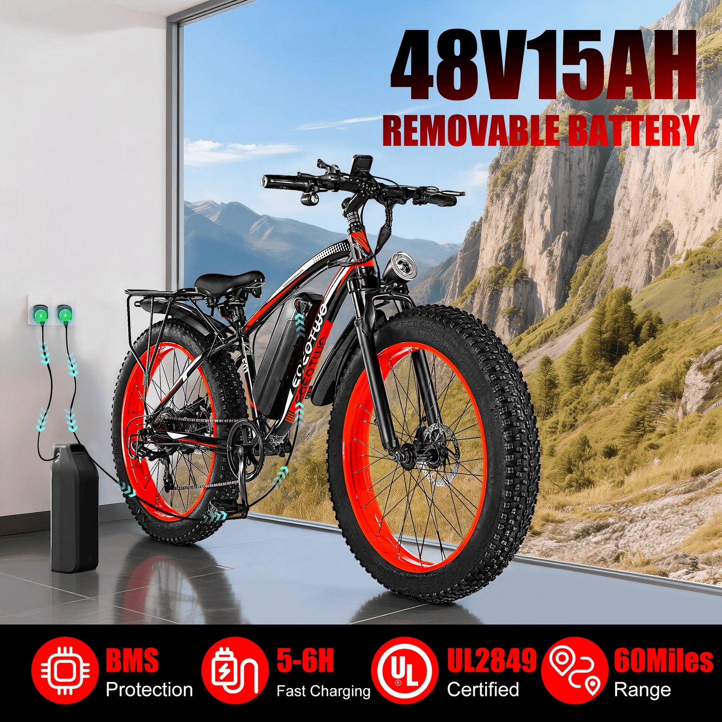 EOEOTWO Electric Fat Tire Mountain Ebike 1500W Peak 34MPH 390 Lb