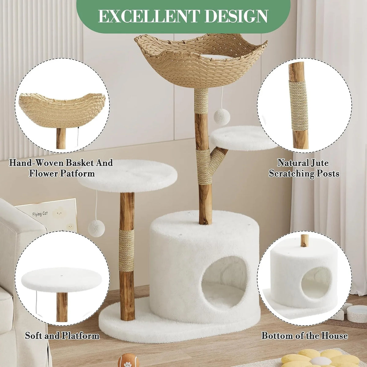 Wooden Cat Tree Tower with Rattan Perches and Climbing Platforms