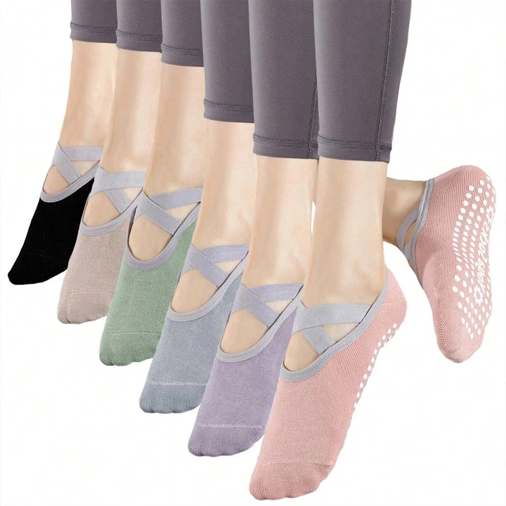 Women's Non Slip Yoga Socks With Cross Strap Grip Pilates Pair Set