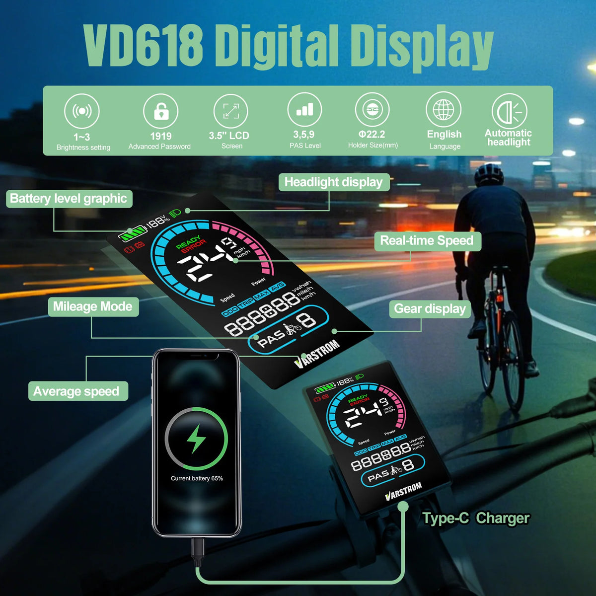 Varstrom CAN Protocol Ebike Display for Bafang Mid Drive Motors