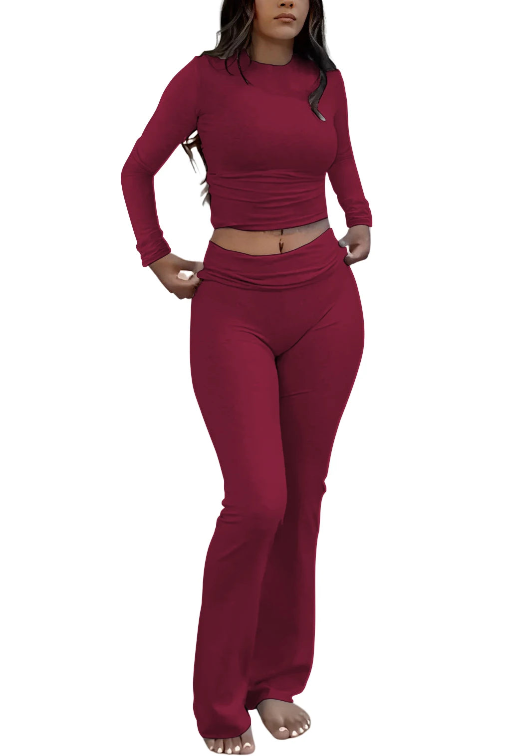 Women's Yoga Two Piece Set Long Sleeve Wide Leg Activewear Ensemble