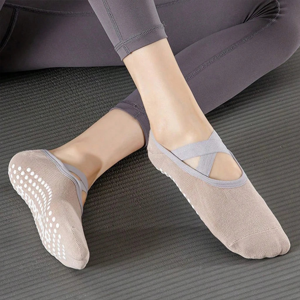 Women's Non Slip Yoga Socks With Cross Strap Grip Pilates Pair Set