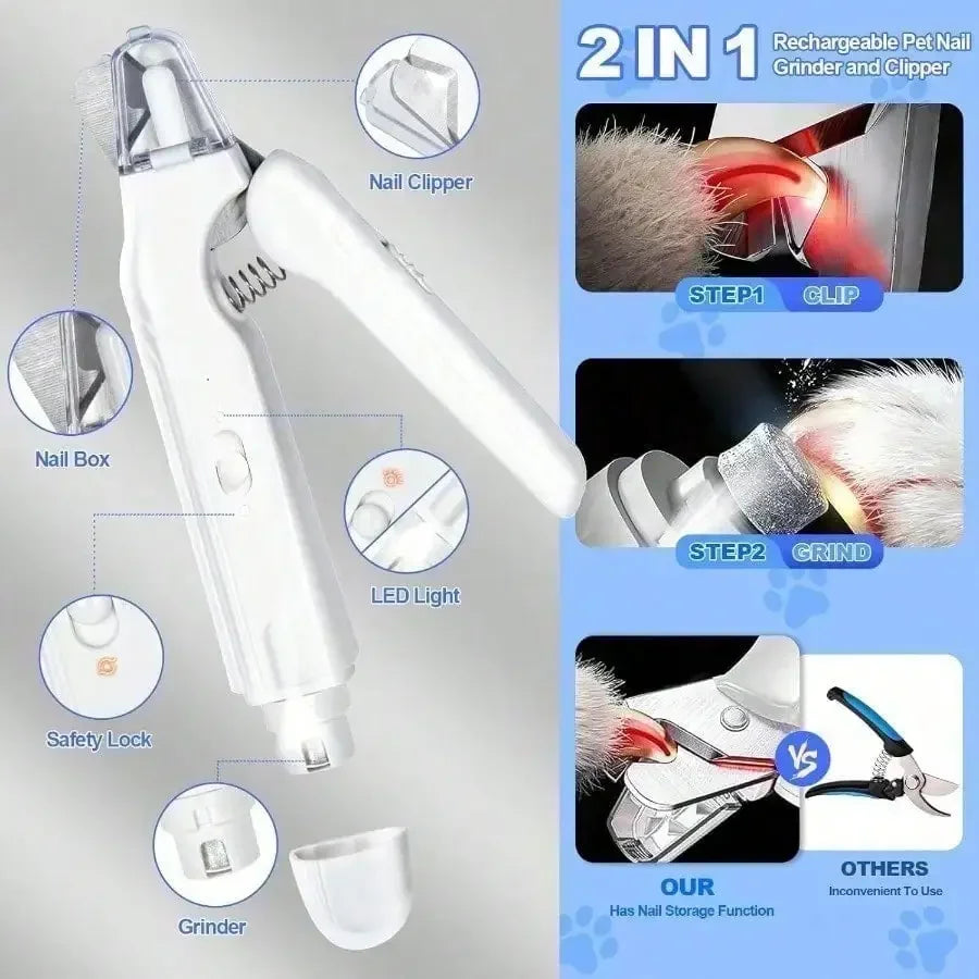Rechargeable 2-in-1 Pet Nail Clippers With LED Quiet Grinder