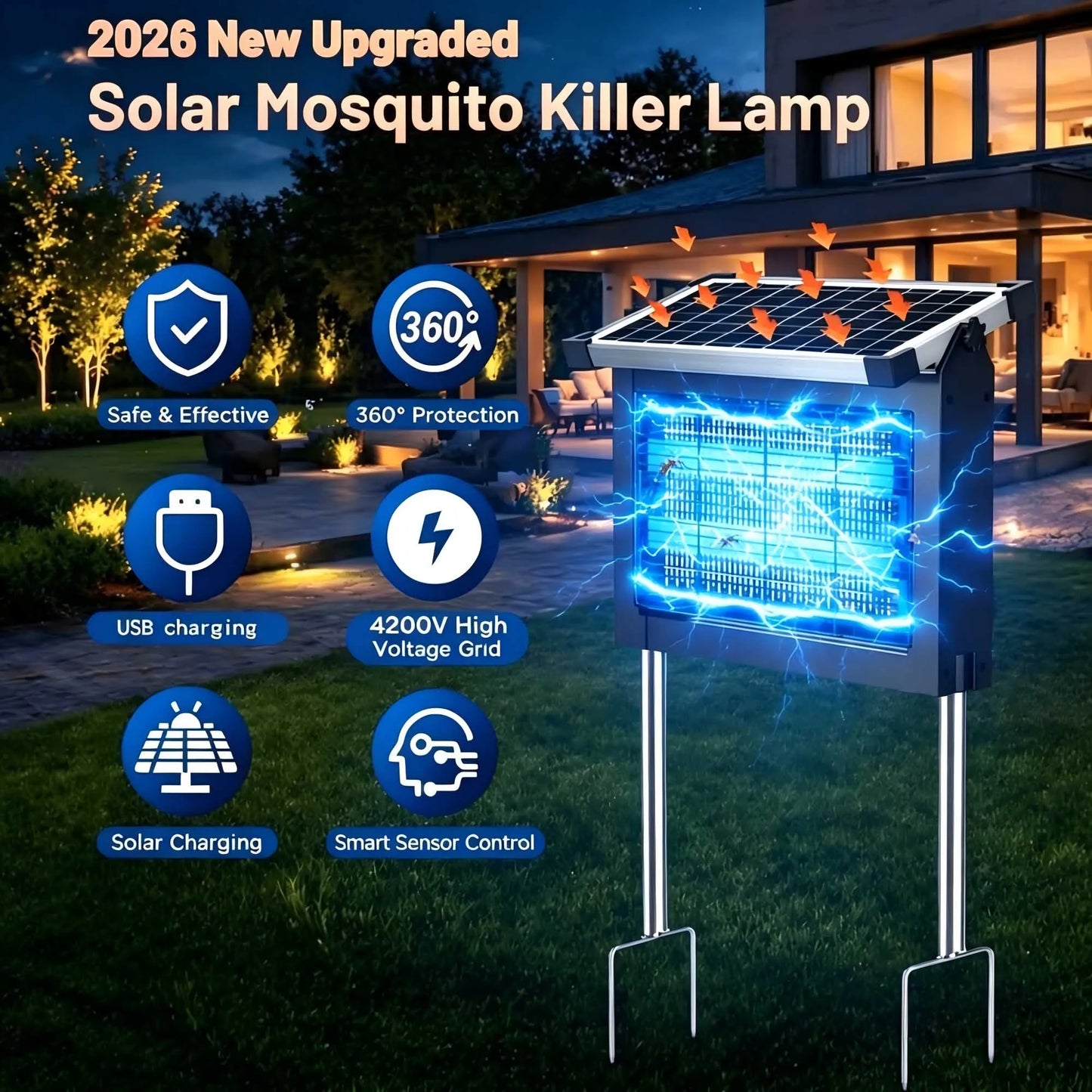 Solar Bug Zapper Outdoor 4500V Mosquito Zapper With Panel Sensor