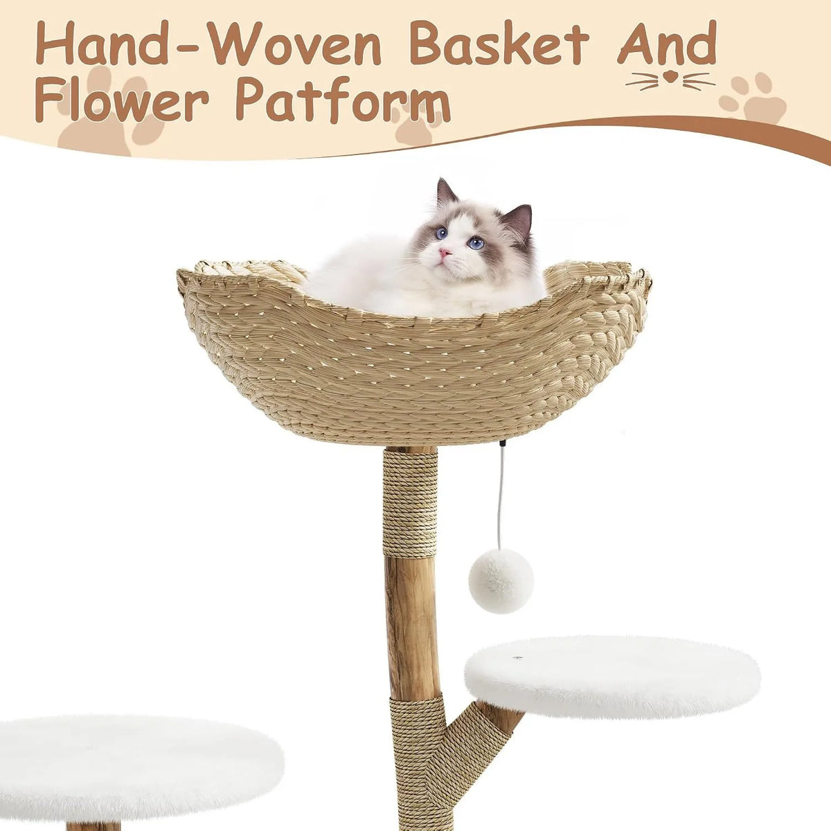 Wooden Cat Tree Tower with Rattan Perches and Climbing Platforms