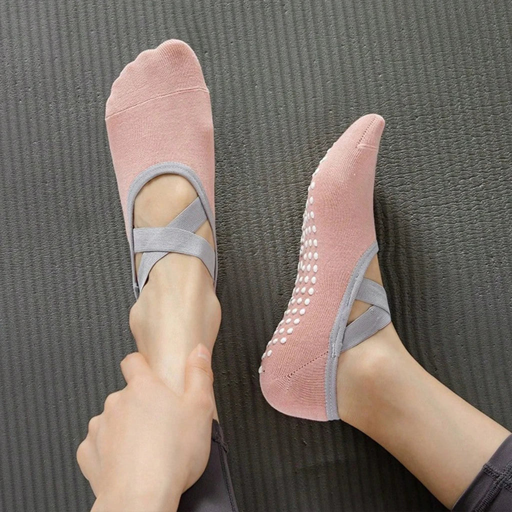 Women's Non Slip Yoga Socks With Cross Strap Grip Pilates Pair Set