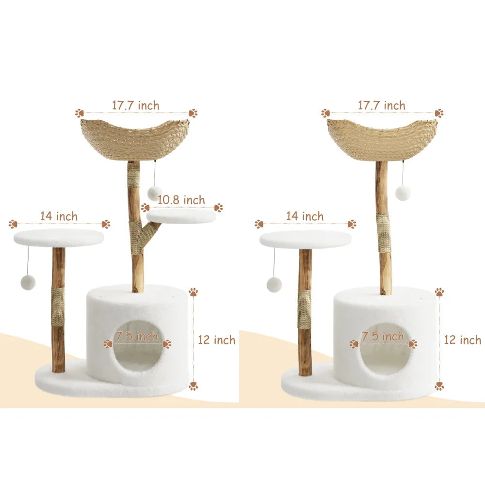 Wooden Cat Tree Tower with Rattan Perches and Climbing Platforms
