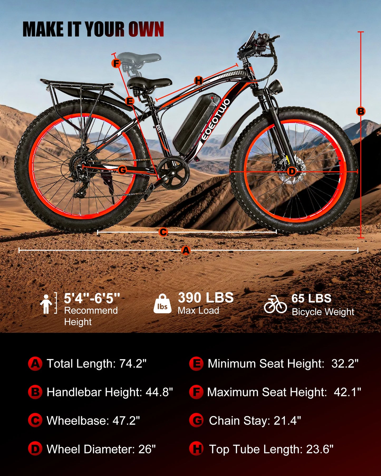 EOEOTWO 1500W Fat Tire Electric Bike All Terrain Ebike 34 MPH 48V