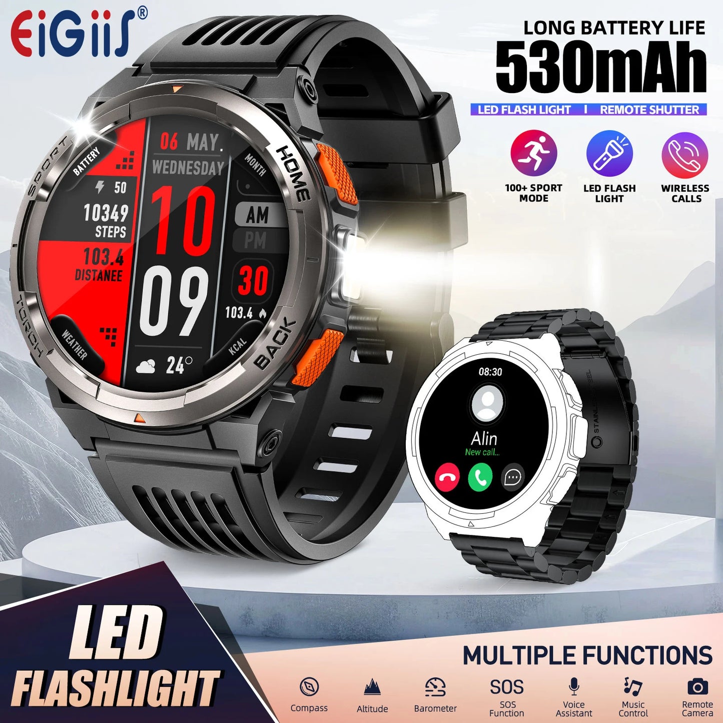 EIGIIS KE5 Smartwatch With Compass 3ATM Barometer LED Flashlight Waterproof