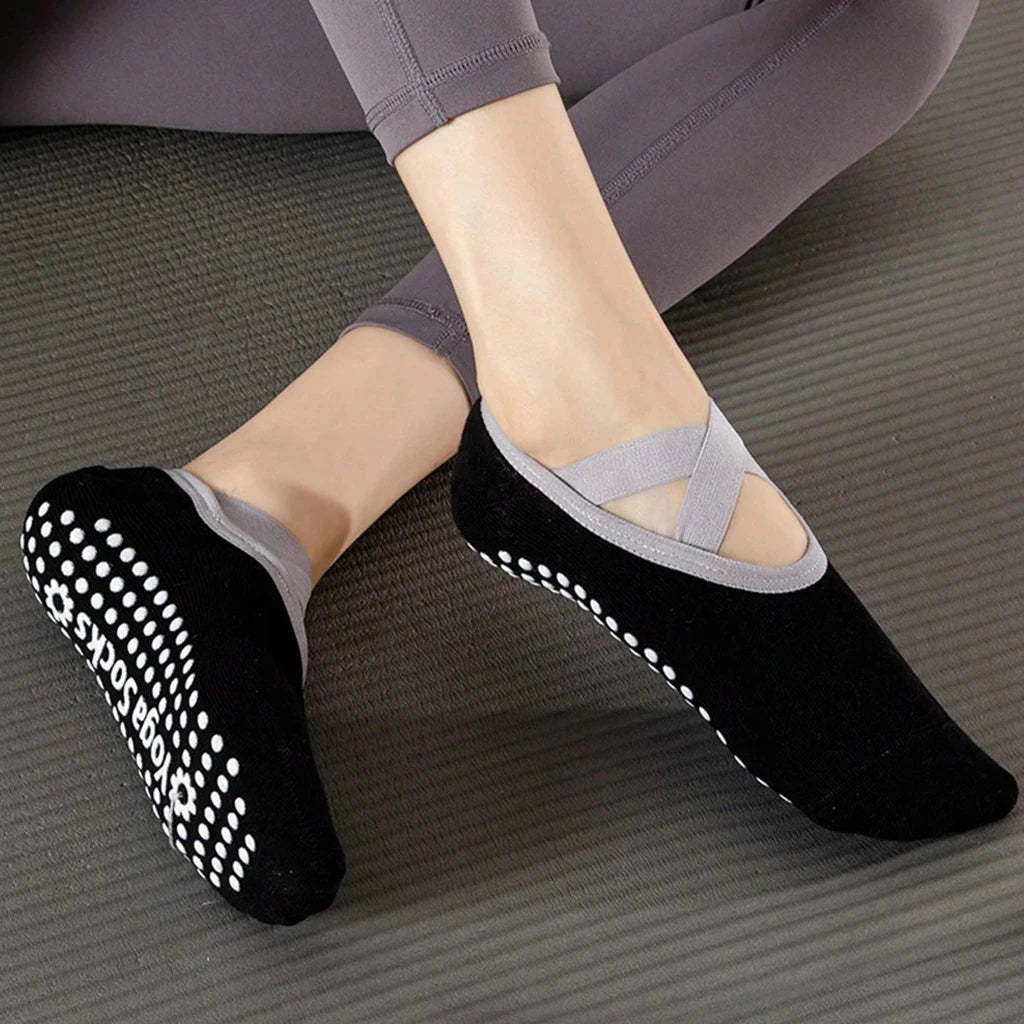 Women's Non Slip Yoga Socks With Cross Strap Grip Pilates Pair Set