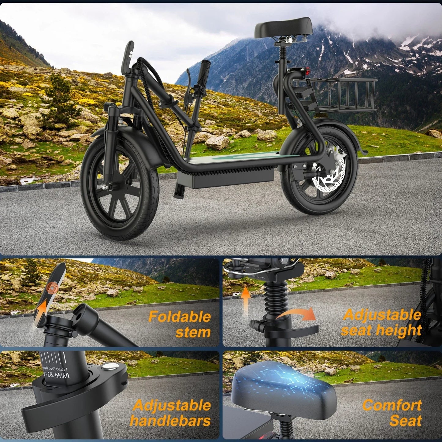 JH1 500W Electric Scooter With Seat 48V Battery 28 Mile Range