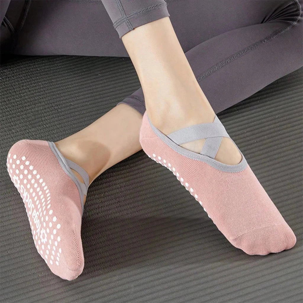 Women's Non Slip Yoga Socks With Cross Strap Grip Pilates Pair Set
