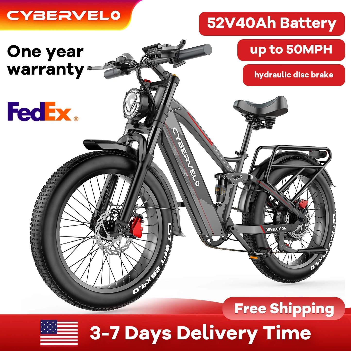 CYBERVELO EK9 Strong Power Fat Tire Electric Bike 60V 50Ah