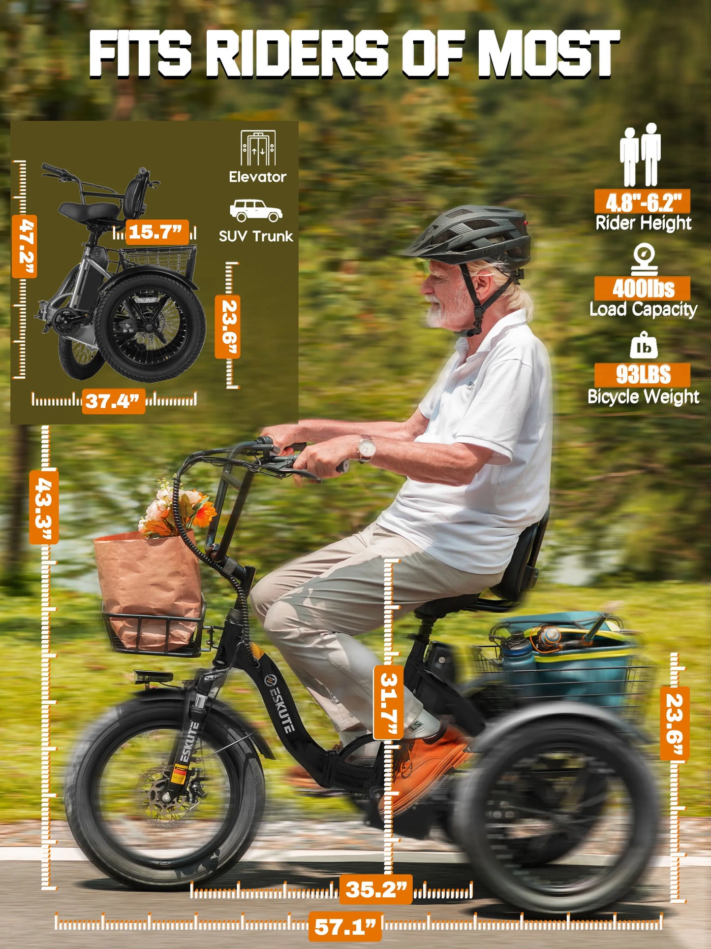 ESKUTE T300 Foldable Electric Trike With 624Wh Battery 1200W Motor