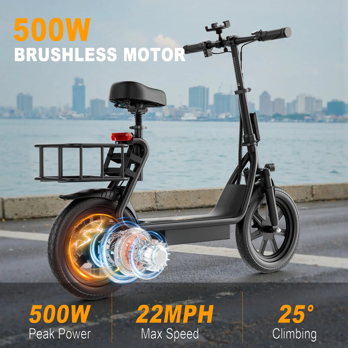 JH1 500W Electric Scooter With Seat 48V Battery 28 Mile Range