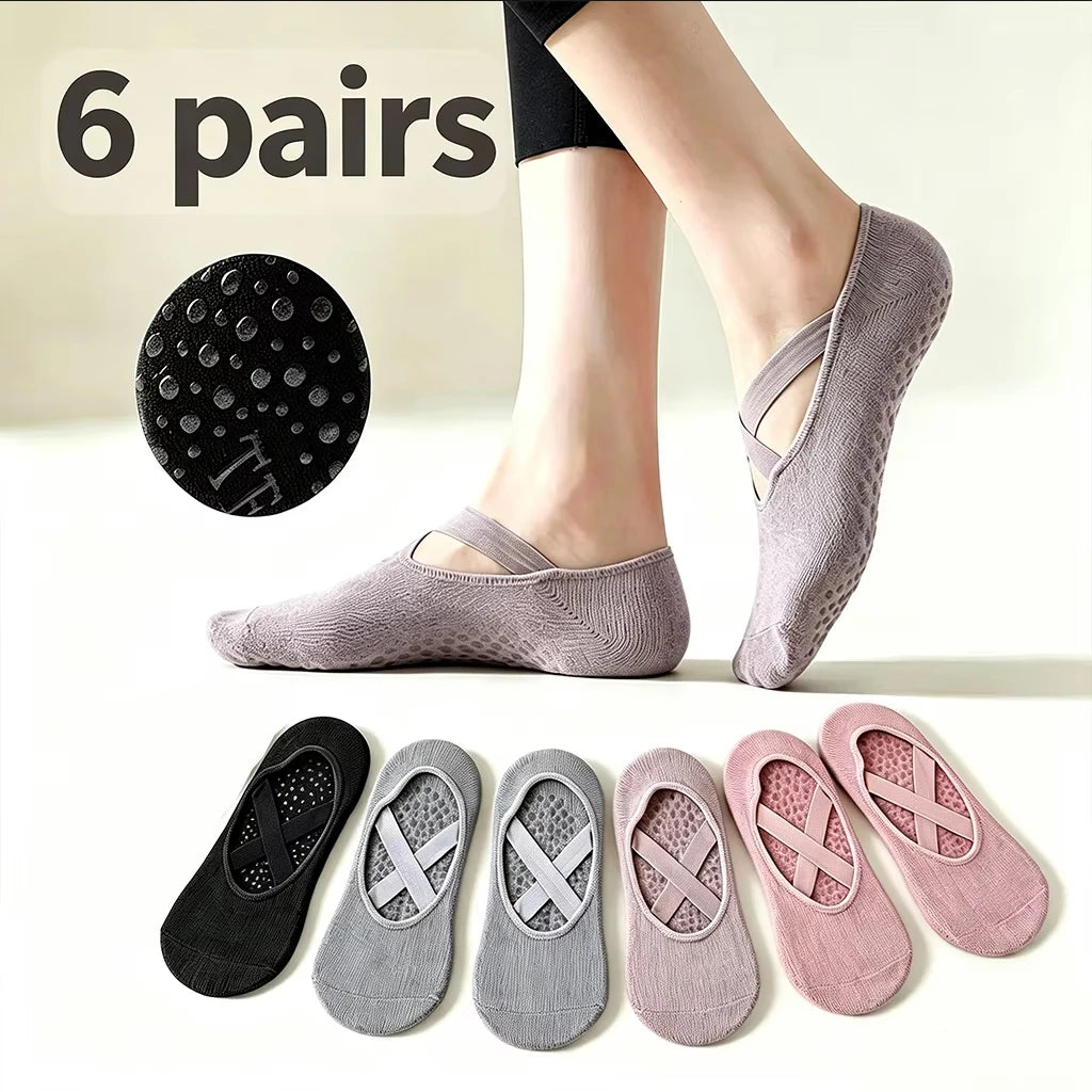 Women's Non Slip Yoga Socks With Cross Strap Grip Pilates Pair Set