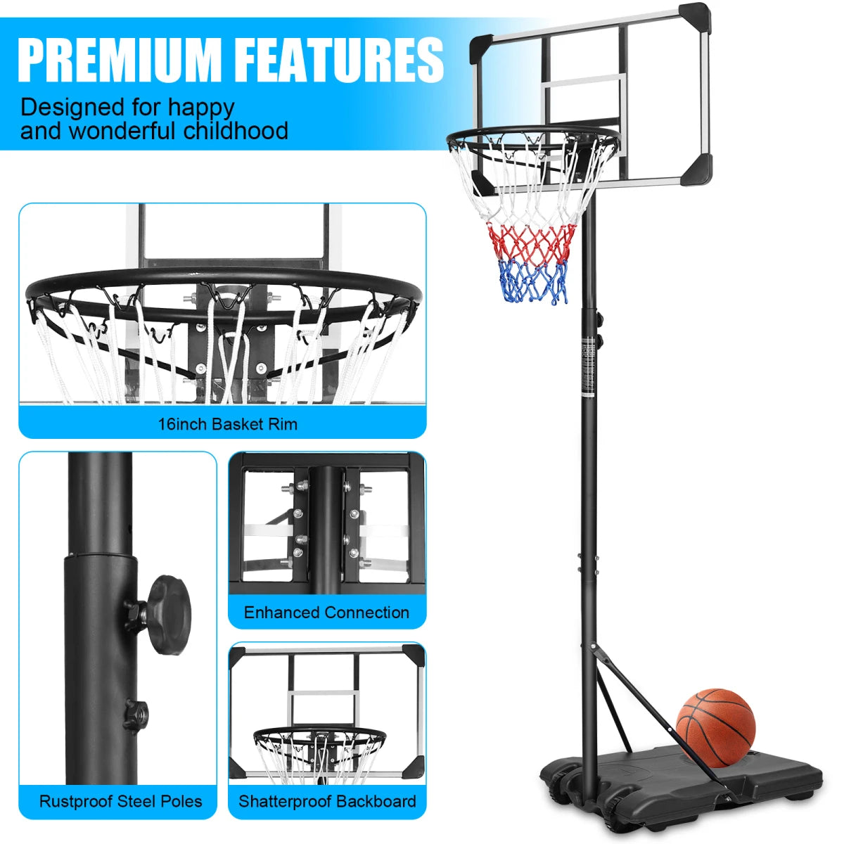 Portable Basketball Hoop System With Stable Wheeled Base For Indoor Outdoor Play