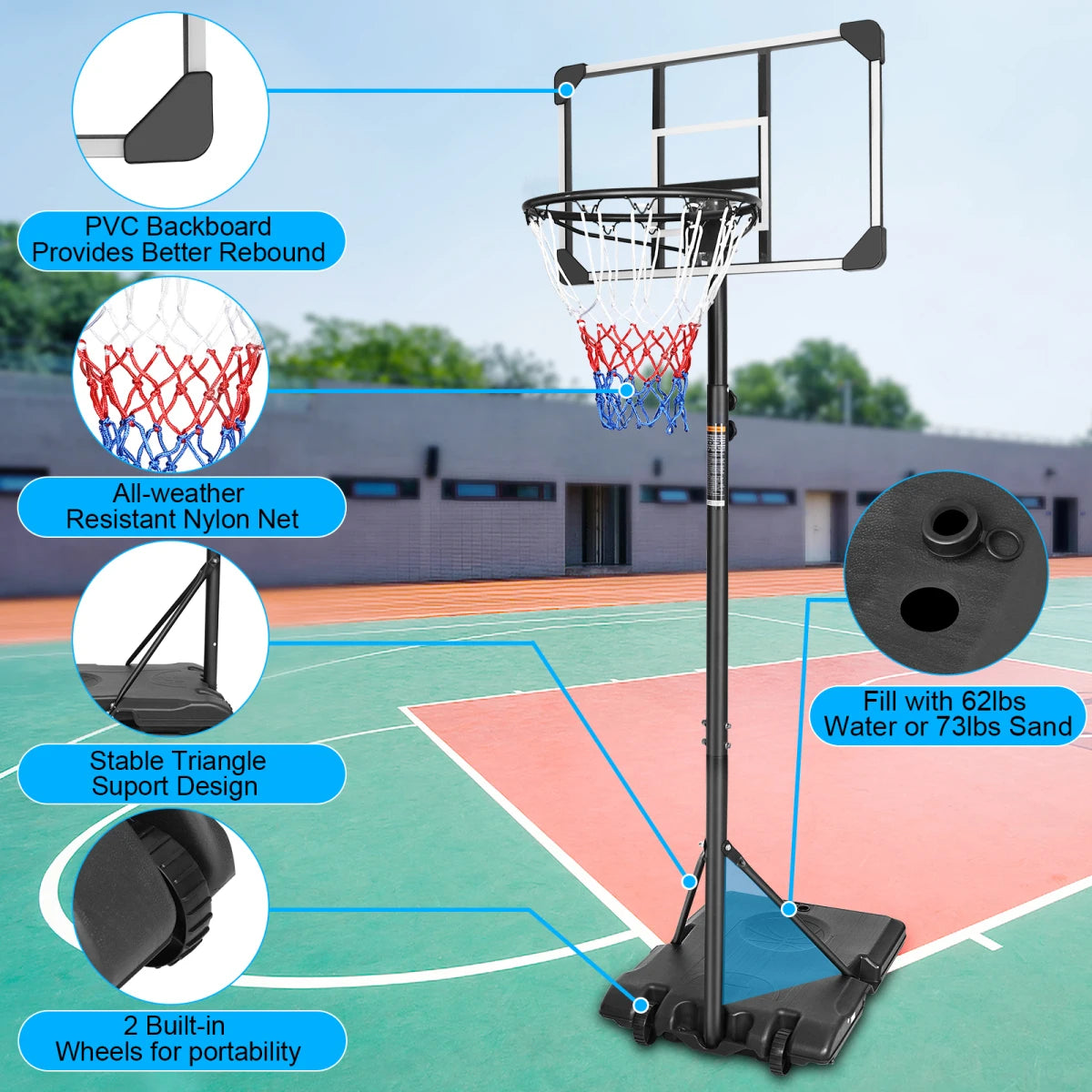 Portable Basketball Hoop System With Stable Wheeled Base For Indoor Outdoor Play