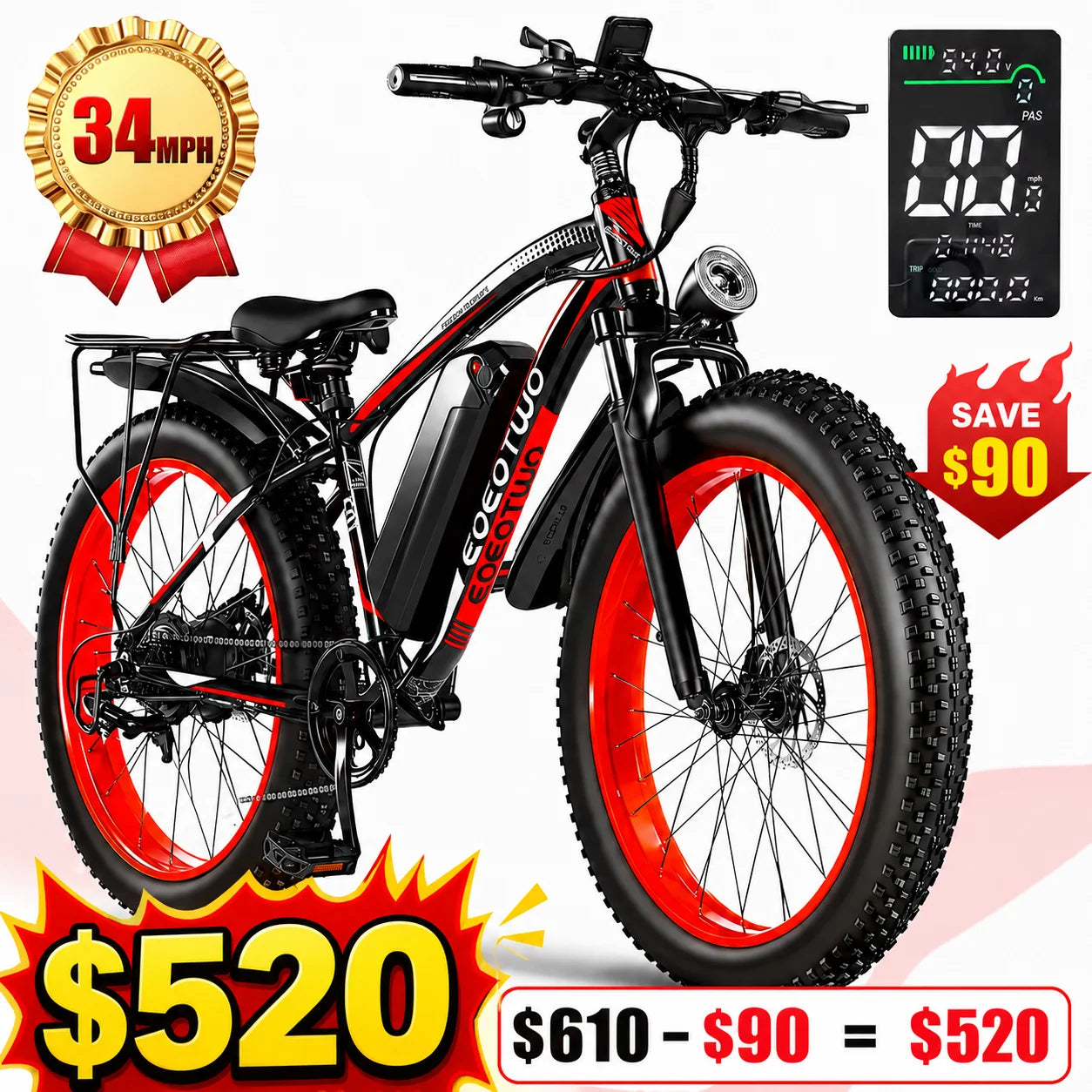EOEOTWO 1500W Fat Tire Electric Bike All Terrain Ebike 34 MPH 48V