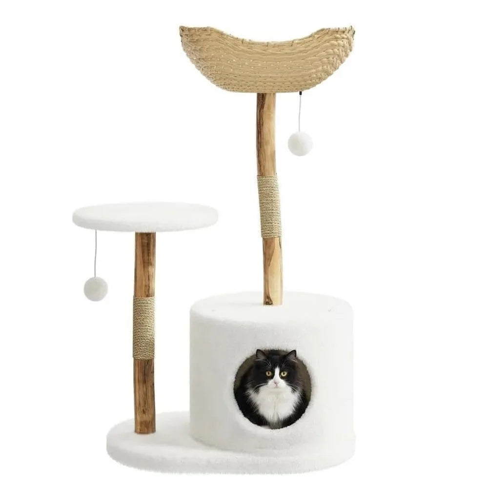 Wooden Cat Tree Tower with Rattan Perches and Climbing Platforms