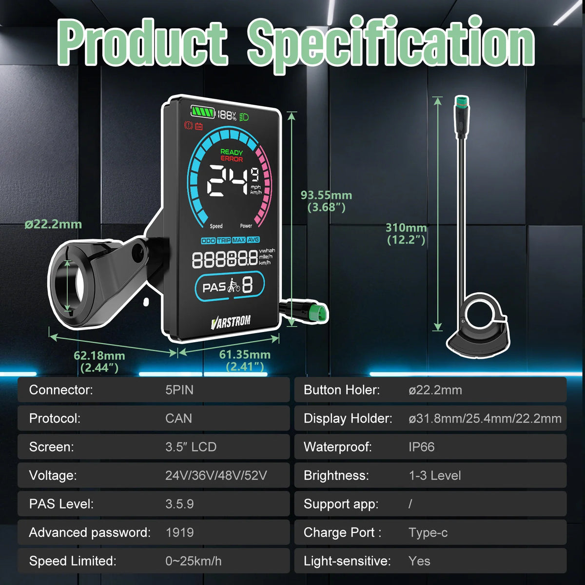 Varstrom CAN Protocol Ebike Display for Bafang Mid Drive Motors