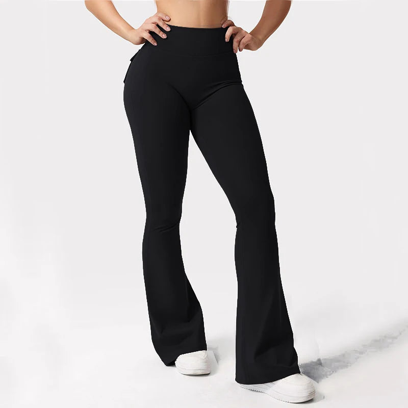 Women's Yoga Flare Trousers High Waisted Wide Leg Leggings With Pockets