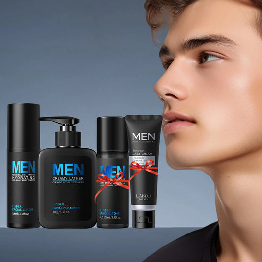 LAIKOU Men Skincare Set 4pc Lazy Cream Cleanser Toner Lotion Hydrating