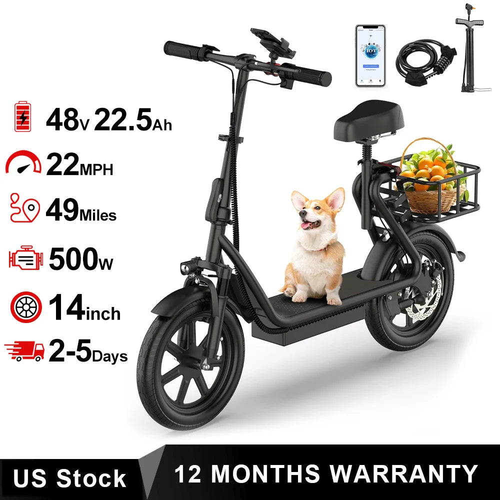 JH1 500W Electric Scooter With Seat 48V Battery 28 Mile Range