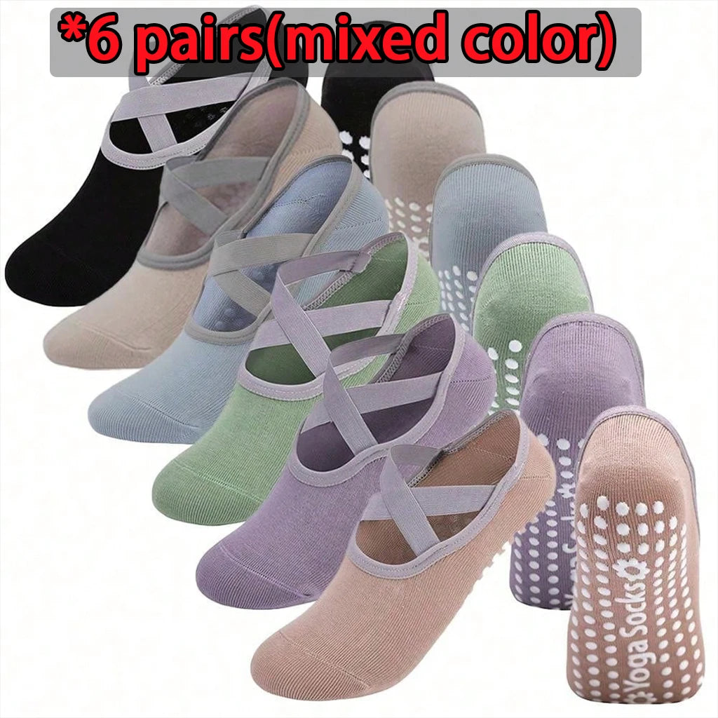 Women's Non Slip Yoga Socks With Cross Strap Grip Pilates Pair Set