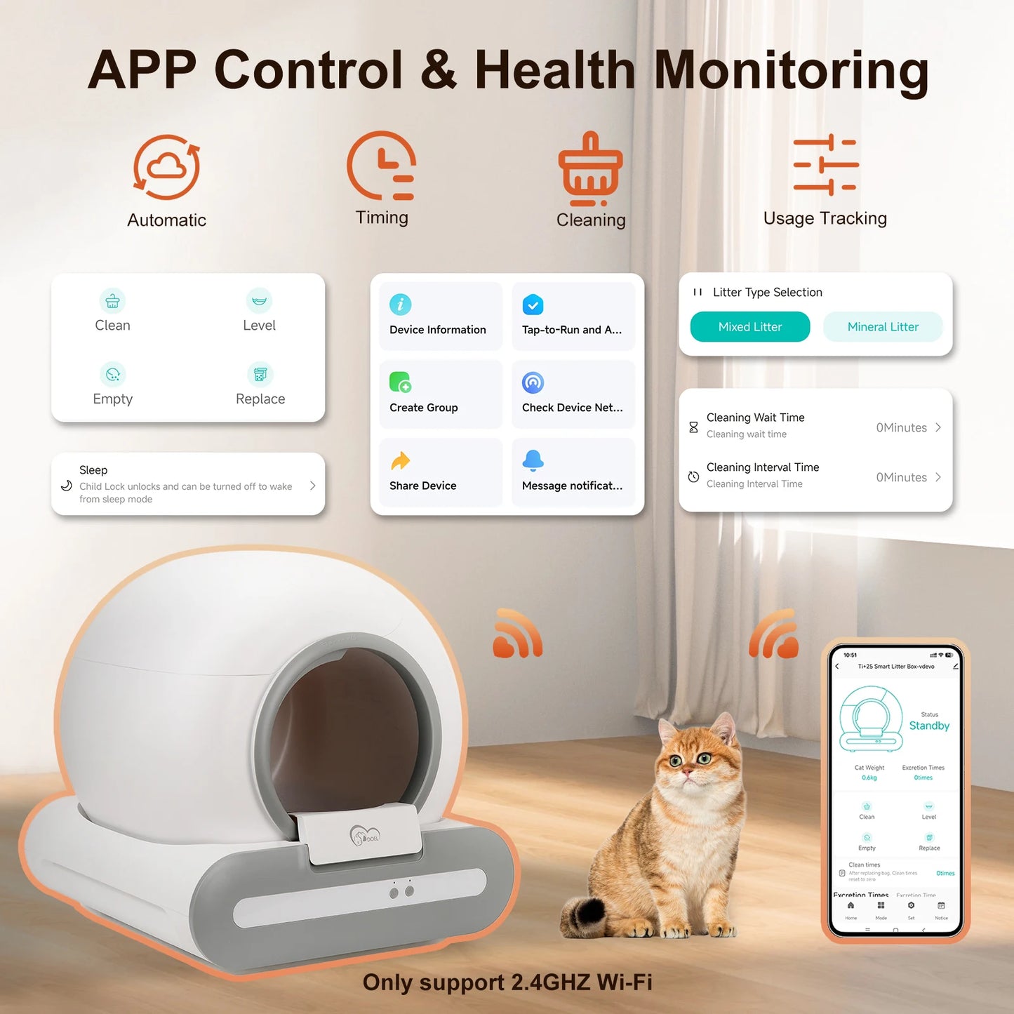DOEL Self-Cleaning Cat Litter Box App Control 2.4G WiFi