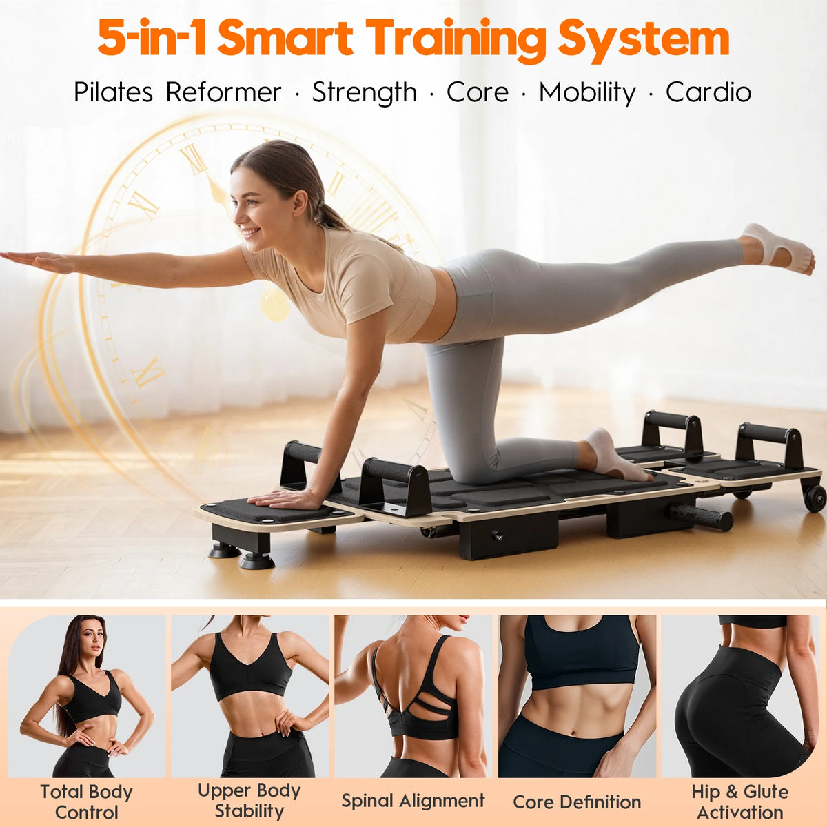 5-in-1 Pilates Reformer Board With Dual Foot Pads Smooth Rail